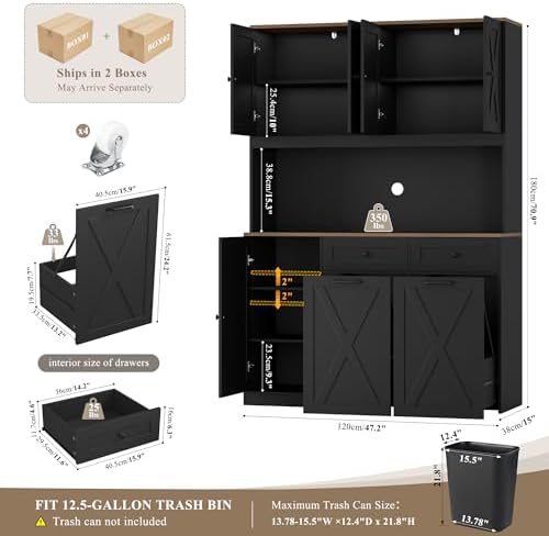 HOSTACK 71" Kitchen Pantry with 12.5 Gallon Double Trash Can Cabinet, Black - Image 3