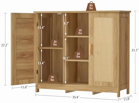 Iwell Rattan Storage Cabinet with 4 Adjustable Shelves, Coffee Bar Cabinet, Sideboard Buffet for Kitchen, Living Room, Entryway, Natural - Image 3