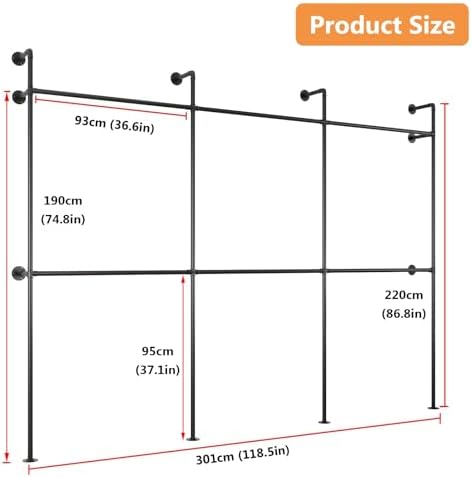 Industrial Pipe Garment Rack, Wall Mounted Clothing Organizer for Walk-in Wardrobe, Multi-Purpose Storage Solution, Heavy Duty, 399 * 220cm - Image 4