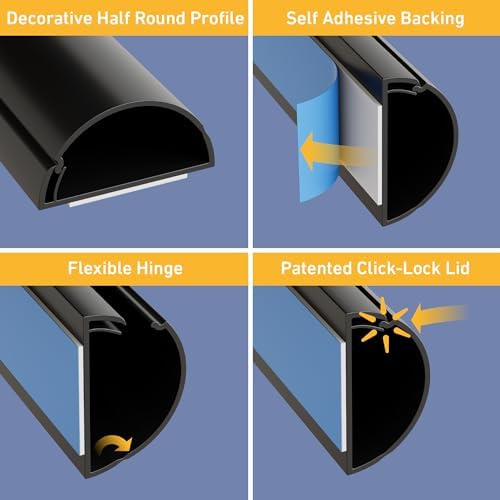 D-Line Half Round Cord Hider, Patented Cable Cover, Hide TV Wall Mount Wires, Raceway for Cords, Decorative Wire Covers, Paintable, Adhesive Cable Concealer - 1x 1.18in W x 0.59in H x 39in L - Black - Image 2