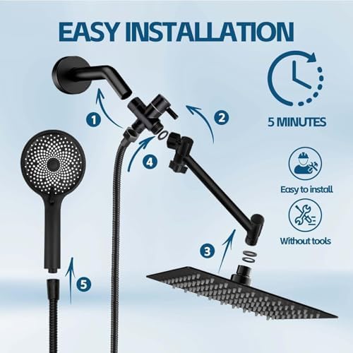 Shower Head,10 Inch High Pressure Rain Shower Head with Handheld Spray Combo, Adjustable Dual Rainfall Shower Head - Showerhead Comb Set with Extension Arm - 60 Inch Long Shower Hose(Black) - Image 3