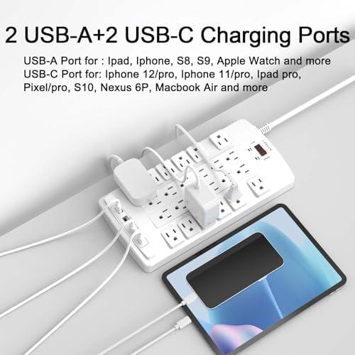 QINLIANF Surge Protector Power Strip - 6Ft Flat Plug Heavy Duty Extension Cord with 24 Outlets and 4 USB Ports(2 USB-C Ports), 4100J, for Home, Office, Dorm, ETL Listed, White - Image 3