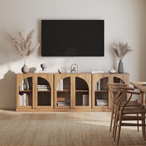 BELLEZE 2 Tier Bookshelf with Arched Glass Door, Set of 3 Modern Display Bookcase Shelf with Storage and Adjustable Shelves, 94" Wood Bookshelves for Living Room Office Entryway (Camel) - Image 6