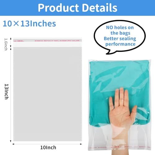 Clear Self‑Sealing Cellophane Bags 10x13 Inches, 100Pack Clear Plastic Poly Shipping Bags with Reinforced Edge for Small Business Packaging Clothing, Shirts, Decorative Wrappers & Artwork - Image 2