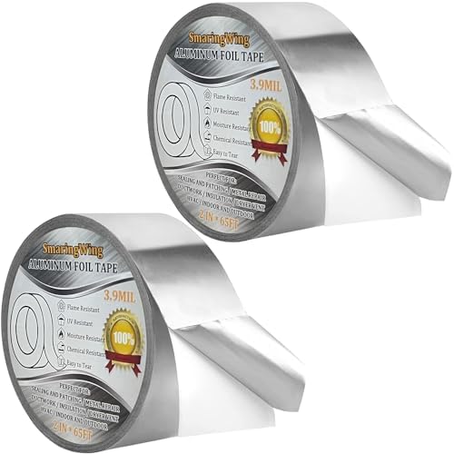 2PCS Premium Aluminum Foil Duct Tape, Silver Metal HVAC Tapes (2" x65Feet,3.9mil) with Adhesive Backing, High Temperature Heavy Duty Insulation Tape for Air Ductwork, Dryer Vents, Sealing & Patching by SmaringWing