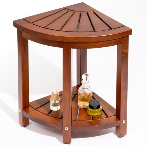 Axeman Space-Saving Teak Shower Stool with Storage Shelf - 12" Corner Shower Bench for Small Spaces - Waterproof 2-Tier Design for Shaving, Bathing & More (350lb Capacity) by Axeman