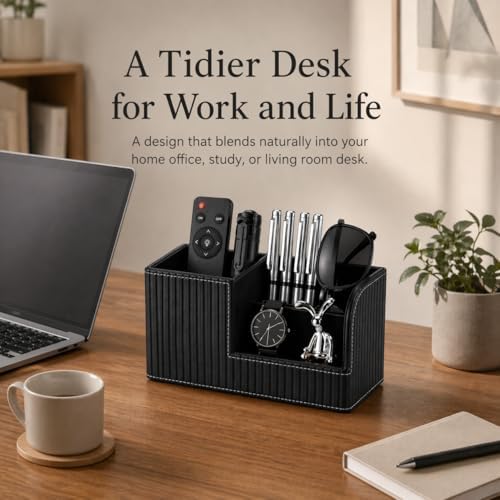 KINGFOM Desk Pen Organizer Office Supplies Caddy Pu Leather Multi-function Storage Box Pen/Pencil,Cell phone, Business Name Cards Remote Control Holder (Black) - Image 5