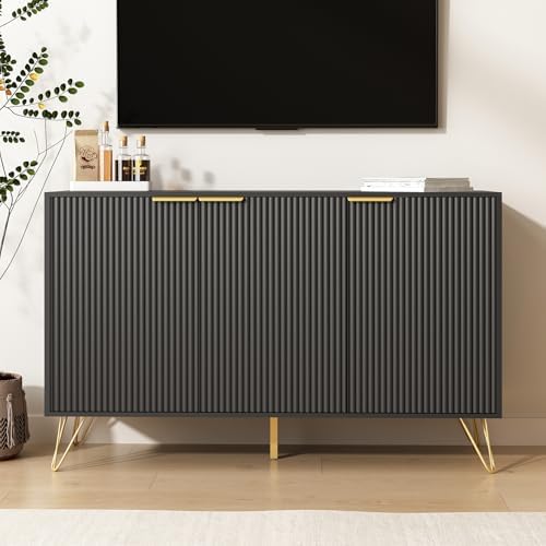 Storage Cabinet with 3 Fluted Doors and Adjustable Shelves, Black丨Modern Wood Accent Table, Sideboard Buffet Cabinet, Console Table for Living Room, Hallway, Entryway - Image 4