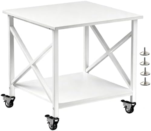 Printer Stand, 23.6 x 23.6 Inches Large Printer Stand with Storage Shelf, 2 Tier Printer Table for Home Office, Rolling Printer Cart with Industrial Wheels, Mini Fridge Stand Table, White by Unknown