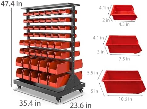 Metal Bin Storage Rack on Wheels, Dual Sided Steel Parts Organizer, 104 Bins for Nut Bolt Hardware, Heavy Duty Double Sides Shelf for Auto Repair Shop Garage Warehouse Workshop, 35.4" x 23.6" x 47.4" - Image 2