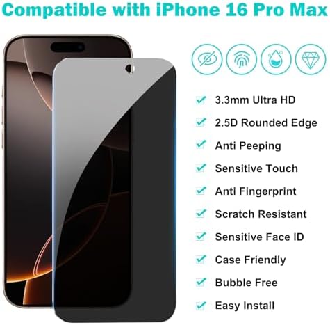 PEHAEL for iPhone 16 Pro Max Privacy Screen Protector+Camera Lens Protector - Image 2