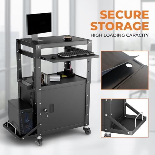 Mobile AV Cart with Side Shelves, Rolling Computer Cart Height Adjustable Rolling Media Utility Cart with Pullout Keyboard Tray Extra Storage Space, 4 Outlets, Perfect for Home or Office Use - Image 7