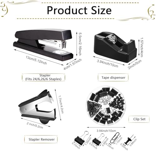 Office Supplies,Black Desk Accessories,Stapler and Tape Dispenser Set for Women with Stapler,Tape Dispenser,Staple Remover,Staples,Clips,Scissors and Tabs,Gift for Students,Coworkers,Teacher,Business - Image 5