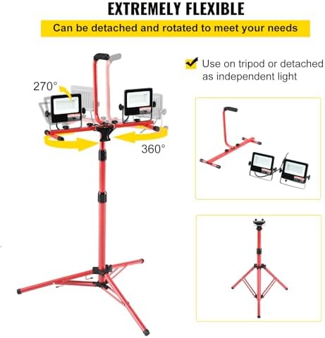 VEVOR LED Work Light with Stand, 5000 Lumen Dual-Head LED Work Light with 27.6"-68.1" Adjustable and Foldable Tripod Stand, IP65 Waterproofed LED Tripod Work Light, with 5000 Kelvin Color Temperature - Image 5