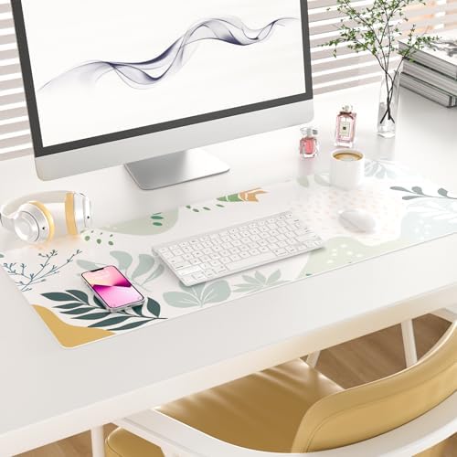 Faux Leather Large Mouse Pad, Office Desk Mat, 31.5"x11.8", Green White - Image 2