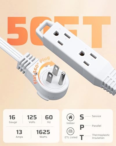 DEWENWILS 360° Rotating Flat Plug Extension Cord 50FT, 3 Grounded Outlets, 13A 1625W Heavy Duty, SPT-3 16/3C, Space Saving Extension Cord, Multiple Wall Outlet Extender for TV, Office, Kitchen - Image 2