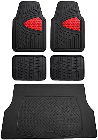FH Group Premium Liners Tall Channel Trimmable All Weather Rubber Full Set Car Floor Mats (Red) w. Trimmable All-Season Cargo Liner (Black) - Universal Fit for Cars Trucks and SUVs by FHGroup