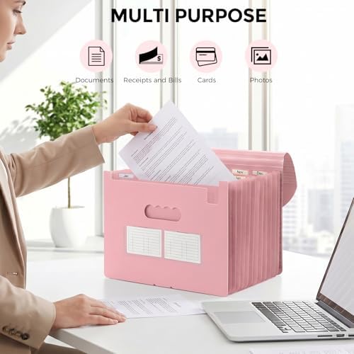 SKYDUE Accordion File Organizer, Expanding File Folder with 13 Pockets, Portable Document Paper Bill Receipt Organizer, Home School Pink Office Supplies, Letter A4 Size - Image 6