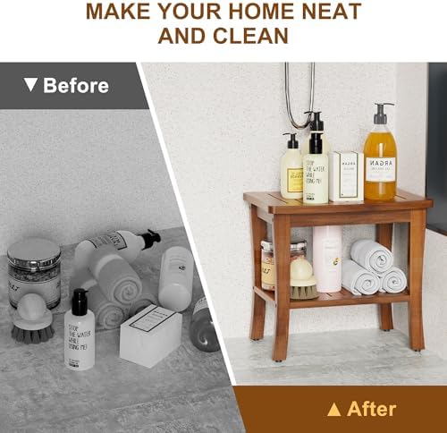 Teak Wood Shower Bench Stool with Storage Shelf, Wooden Waterproof Bathroom Spa Bathing Teak Shower Stool with Non-Slip Feet Gadget 2024 for Indoor or Outdoor Shower Chair Seat Organizer - Image 5
