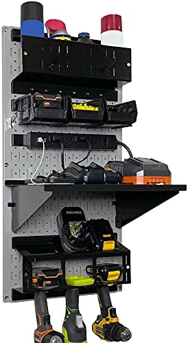Wall Control Power Tool Storage Organizer Kit Cordless Drill Holder Charging Station Rack 16” x 32” Metal Pegboard Organization System (Grey Pegboard) by Wall+Control