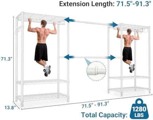 Clothing Rack for Hanging Clothes: Heavy Duty Clothes Rack, 71.5-91" W Expandable Large Closet Storage System with Shelves, 1280 lbs Freestanding Modular Wardrobe Organizer, White, 2PCS - Image 2