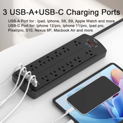 Power Strip, Nuetsa Surge Protector with 12 Outlets and 4 USB Ports, 10 Feet Flat Plug Extension Cord for Home, Office, Dorm Essentials, 2700 Joules, ETL Listed, Black - Image 3