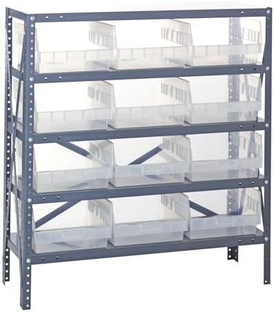Quantum 1839-210CL Heavy Duty Shelving Unit with (4) Shelves and (12) QSB210 Clear Bins for Garage Warehouse Storage Distribution | 400 lb Load Capacity | 18"D x 36"L x 39"H, Galvanized Carbon Steel by QuantumStorageSystems