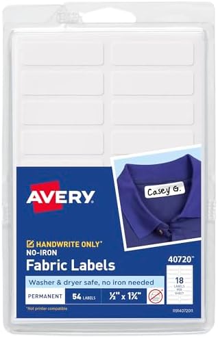 Avery No-Iron Fabric Labels, 1/2" x 1-3/4", Washer and Dryer-Safe Waterproof Labels, Non-Printable, 54 Total (40720) by Avery