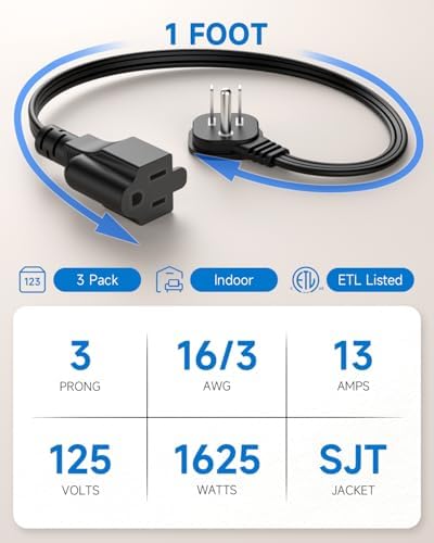 Flat Plug 1Ft Short Extension Cord, 90-Degree Plug Low Profile Power Adapter, 3-Prong Indoor Grounded Small Extension Cord Black 16AWG 13A 1625W 3 Pack - Image 3