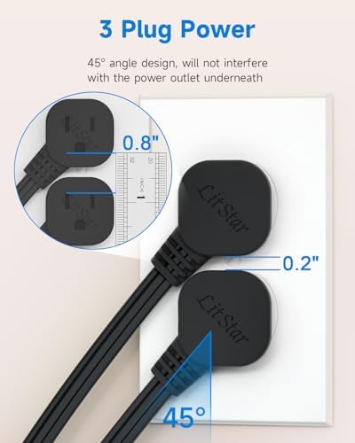Flat Plug 3Ft Short Extension Cord, 90-Degree Plug Low Profile Power Adapter, 3-Prong Indoor Grounded Small Extension Cord Black 16AWG 13A 1625W 3 Pack - Image 2