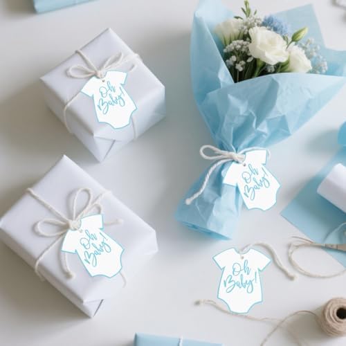 100Pcs Gift Tags with String Oh Baby Sign Blue Baby Clothes Large Gift Tags with 65 Ft Jute Twine Cute Tags White Paper Gift Tag for It's a Boy Gender Reveal Baby Shower Party Gift Wrap Tag - Image 3