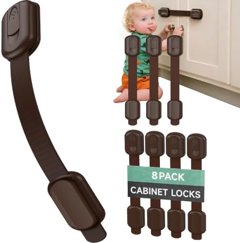 Infinno 8 Pack Cabinet Locks Baby Proofing Heavy Duty - Child Safety Cabinet Locks for Drawers, Cupboards & Fridge – No Drill 3M Adhesive Locks for Pets - Toddler Safety Latches-Brown by InfinnoHome