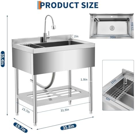 GarveeTech 35 in Freestanding Stainless Steel Utility Sink with Pull-Out Faucet, Adjustable Height Laundry Tub with Hot & Cold Water, Basket, Shelf & Drain Kit for Kitchen, Garage, Outdoor, Basement - Image 2