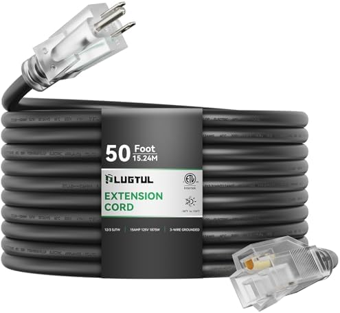 PLUGTUL 12 Gauge Extension Cord 50FT | Outdoor Extension Cord with Lighted End, Heavy Duty,15A 1875W SJTW, ETL Listed, Great for Garden and Home, Black by PLUGTUL