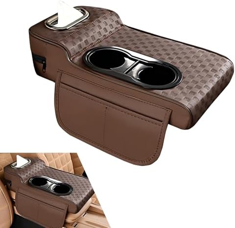 Car Center Console Cover, Microfiber Leather Car Armrest Cover Cushion with 2 Storage Bags, Cup Holders, Tissue Box Slot, Universal Car Armrest Storage Box for Most Vehicles (Coffee) by Unknown