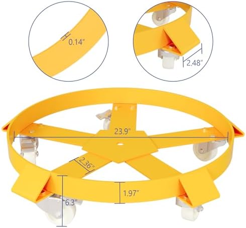 55 Gallon Drum Dolly, 1250 Lbs Heavy Duty Barrel Dolly Cart with Steel Frame, 5 Swivel Casters & 2 Locking Wheels, 1 Pack, Yellow - Image 4