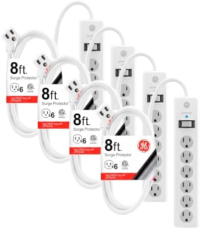 GE Surge Protector Power Strip,8 Ft Extension Cord,6 Outlet Extender,800 Joules,Flat Plug,Twist-to-Close Safety Covers,ETL Listed,White,67044,(Pack of 4) by Unknown