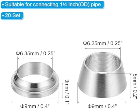 PATIKIL 1/4" Tube OD 304 Stainless Steel Compression Tube Fitting Sleeve, 20 Pack Double Ferrule Ring Tubing Fitting Assortment Kit, Silver - Image 2