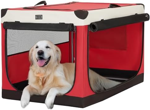 PETSFIT 40" Soft Portable Dog Crate – Patented Spiral Sturdy Frame, Collapsible Travel Kennel for Large Dogs, 3 Mesh Door, Lockable Zippers, Indoor & Car Use Red by Petsfit