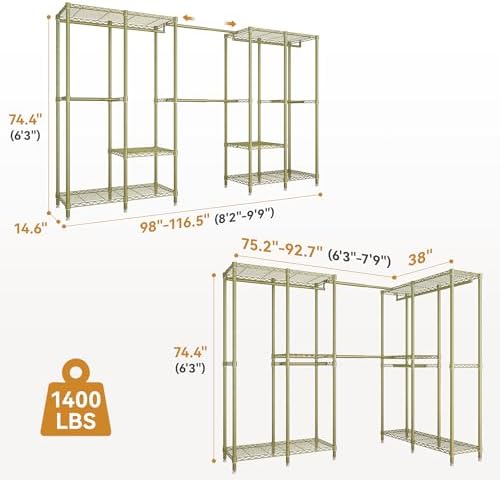 M1 Expandable Clothes Rack from 8'2"-9'9", Closet Organizer System for Reach-in Closet, Heavy Duty Clothing Rack with Extended Rods, Large Wardrobe Closet Max Load 1400 LBS, Gold - Image 3