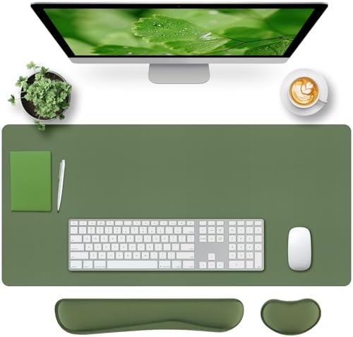 Bloss Keyboard and Mouse Wrist Rest + Leather Desk Mat, Desk Mat for Keyboard and Mouse, Desk Accessories for Women(35.4 x 15.7 Inch,Olive Green) by Bloss