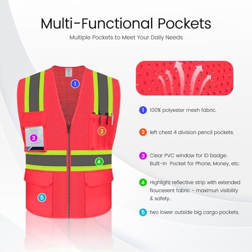 High Visibility Vest for Men, Reflective Safety Vest, Pink, 5XL - Image 3