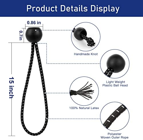 15 Inch Bungee Balls Ties,50 PCS Ball Bungee Cords Heavy Duty Elastic Cord Ball Bungee Canopy Tarp Tie Bungee with Balls for Camping, Shelter,Cargo,Tent Poles UV Resistant - Image 2