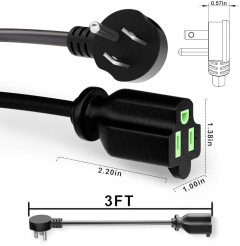 POWGRN 3FT 3 Pack 14/3 Black Flat Plug Extension Cord, Low Profile Indoor - Image 3