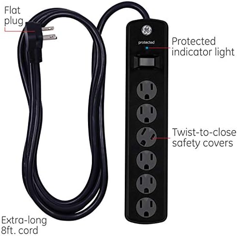 GE Surge Protector Power Strip, 8 Ft Extension Cord, 6 Outlet Extender, 800 Joules, Flat Plug, Twist-to-Close Safety Covers, UL Listed, Black, 54643 2 Count (Pack of 12) - Image 2