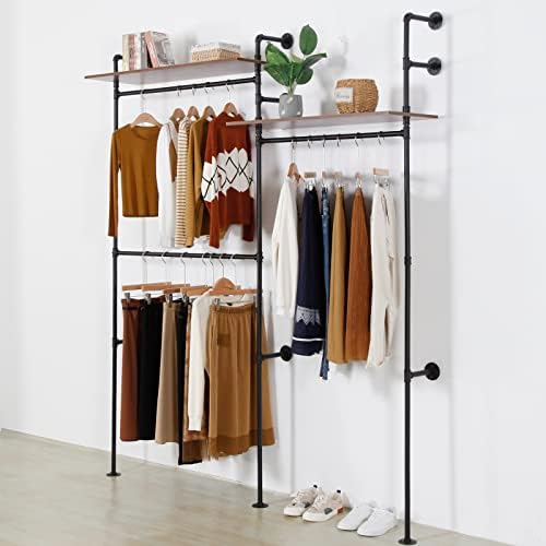 Industrial Pipe Clothing Rack with 2 Shelves, Clothes Rack Wall Mounted Heavy Duty Clothing Store Display Stands Garment Rack Closet System(Black, 96.5x80.7inch) - Image 2