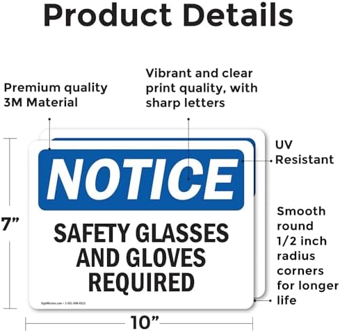 (2 Pack) Safety Glasses And Gloves Required OSHA Notice Sign 10 Inch X 7 Inch Vinyl Label Decal Sticker Weather Resistant, UV Protected for Workplace, Business, and Construction Site, Made in the USA - Image 2