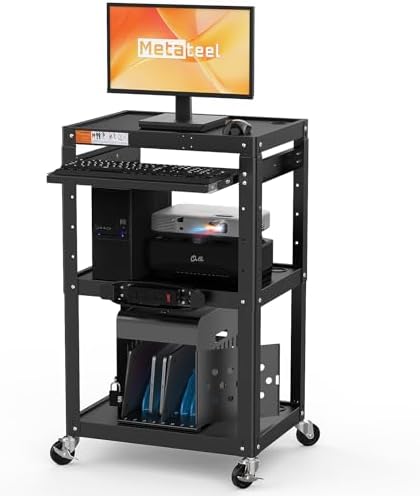 AV Presentation Cart Stand for Video Projector,TV,Laptop Computers,Printers,Metal Construction Rolling Cart with Adjustable Shelves,4 Wheels,4 Outlets, 5.75ft Cord,Support 300 lbs,Black by MetaTeel