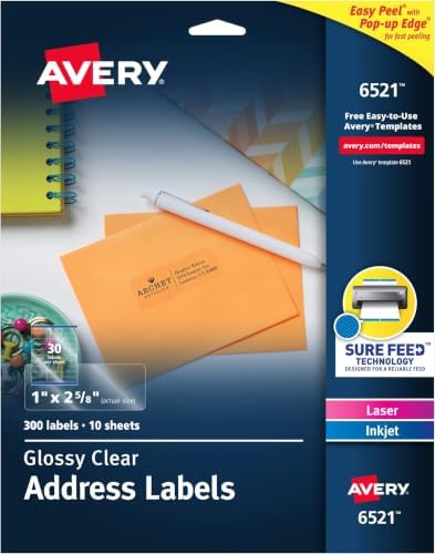 Avery Address Labels Clear 1" x 2-5/8" | Glossy | Sure Feed Technology | For Laser & Inkjet Printers | 300 Labels, Pack of 5 by Avery