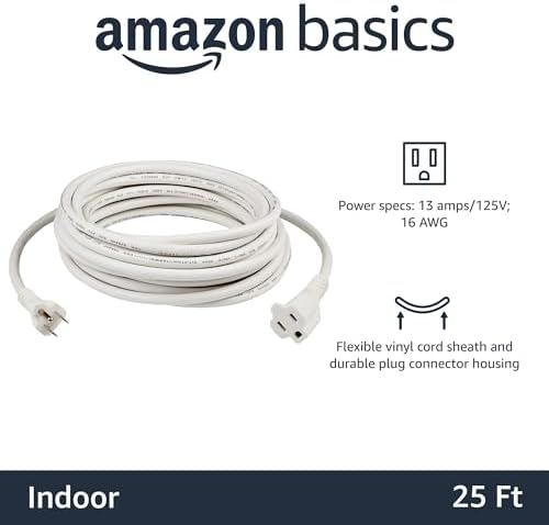 Amazon Basics Indoor Extension Cord, 3 Prong Outlet Extender Power Cord, 13 Amps, 125V, 25 Ft, White, 2 Count (Pack of 8) - Image 2